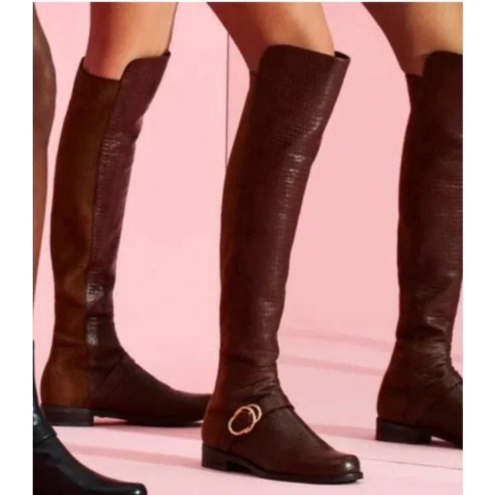 Stuart Weitzman Siella Leather Croc Embossed Riding Boots Gold Buckle 6